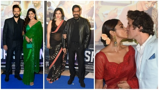 Vatsal Sheth and Ishita Dutta, Kajol and Ajay Devgn, Shriya Saran and Andrei Koscheev at Drishyam 2 screening on Thursday. (Varinder Chawla)