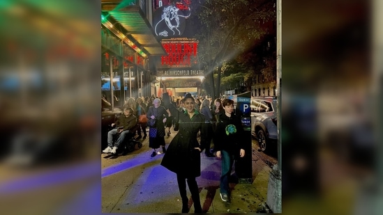 Mrunal Thakur expressed her excitement as she poses outside the Al Hirschfeld Theatre in New York.(Instagram/@mrunalthakur)