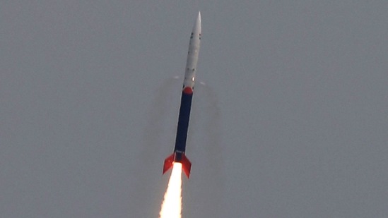 Vikram-S, India's first privately developed rocket Vikram-S lifts off from the Satish Dhawan Space Centre in Sriharikota.(AFP)