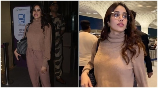 Janhvi Kapoor teams nerdy glasses with comfy monotone airport look. (HT Photo/Varinder Chawla)