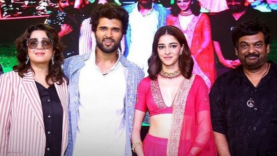 Liger producer Charmme Kaur with lead actors Vijay Deverakonda and Ananya Panday, and director Puri Jagannadh.((File Photo))