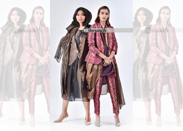 Add a bolero jacket or a printed organza cape on a lehenga or a trouser bustier set to add effortless glamour; On Phrodie (left): Long shirt, inner blazer & hoodie cape by Urvashi Kaur; Shoes by Rosso Brunello; On Harman (right): Pants and blazer set by Marks & Spencer; Pullovers by Urvashi Kaur; Shoes by Rosso Brunello (Raj K Raj)