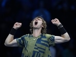 Russia's Andrey Rublev celebrates after winning against Greece's Stefanos Tsitsipas during their singles tennis match of the ATP World Tour Finals(AP) Russia's Andrey Rublev celebrates after winning against Greece's Stefanos Tsitsipas during their singles tennis match of the ATP World Tour Finals(AP)