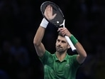 Serbia's Novak Djokovic celebrates after winning against United States' Taylor Fritz during their singles semifinal tennis match of the ATP World Tour Finals, at the Pala Alpitour in Turin, Italy, Saturday, Nov. 19, 2022. (AP) Serbia's Novak Djokovic celebrates after winning against United States' Taylor Fritz during their singles semifinal tennis match of the ATP World Tour Finals, at the Pala Alpitour in Turin, Italy, Saturday, Nov. 19, 2022. (AP)