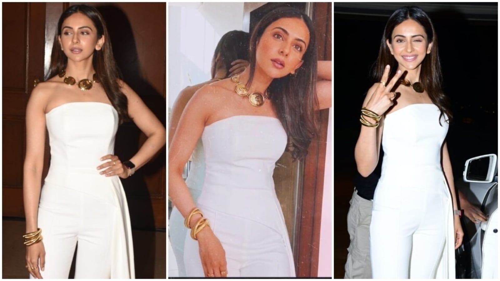 Rakul Preet Singhs White Strapless Jumpsuit And Gold Statement Jewellery Is A Must Have Holiday 8933