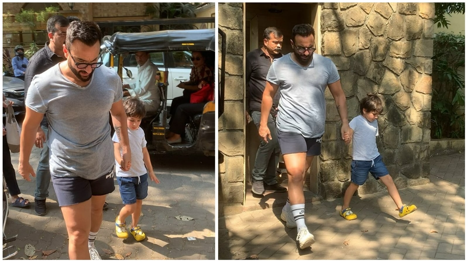 Saif Ali Khan holds son Taimur Ali Khan's hand as they step out wearing ...