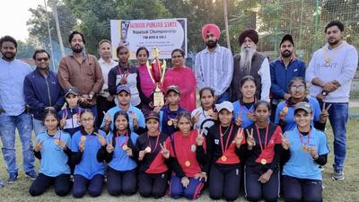 Ludhiana girls’ team flashing victory signs after victory in Junior Punjab Baseball Championship. (HT PHOTO)