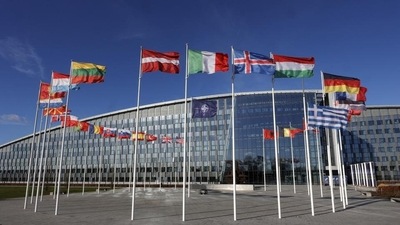 Russia-Ukraine War: Flags flutter in the wind outside Nato headquarters in Brussels, Belgium. (AP) Russia-Ukraine War: Flags flutter in the wind outside Nato headquarters in Brussels, Belgium. (AP)