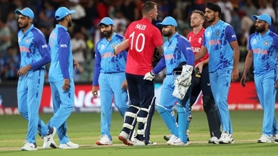England skipper Jos Buttler and teammate Alex Hales shake hands with Indian players after beating them by 10 wickets during the semifinal match at T20 World Cup (ANI)