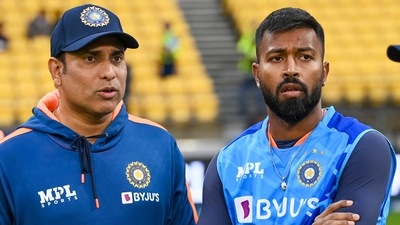 India's stand in coach VVS Laxman, left, with captain Hardik Pandya ahead of the T20 cricket international between India and New Zealand (AP) India's stand in coach VVS Laxman, left, with captain Hardik Pandya ahead of the T20 cricket international between India and New Zealand (AP)