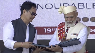 Prime Minister Narendra Modi with Union Law Minister Kiren Rijiju during the inauguration of the airport. (PTI) Prime Minister Narendra Modi with Union Law Minister Kiren Rijiju during the inauguration of the airport. (PTI)