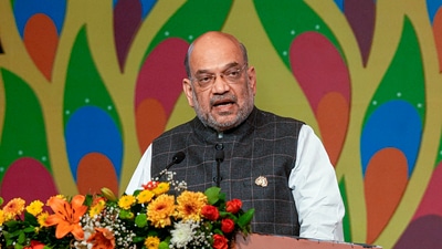 Union home minister Amit Shah speaks during the third 'No Money for Terror' Ministerial Conference on Counter-Terrorism Financing, in New Delhi, Saturday, (PTI)