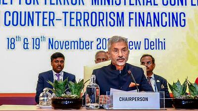 External affairs minister S Jaishankar speaks during the third 'No Money for Terror' ministerial conference on counter-terrorism financing in New Delhi on Saturday. (PTI) External affairs minister S Jaishankar speaks during the third 'No Money for Terror' ministerial conference on counter-terrorism financing in New Delhi on Saturday. (PTI)
