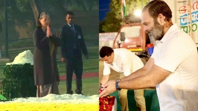 Congress leader Sonia Gandhi, accompanied by party chief Kharge, paid floral tributes to the Iron Lady at Shakti Sthal, the resting place of Indira Gandhi. Congress leader Sonia Gandhi, accompanied by party chief Kharge, paid floral tributes to the Iron Lady at Shakti Sthal, the resting place of Indira Gandhi.