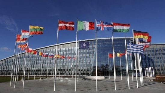 Russia-Ukraine War: Flags flutter in the wind outside Nato headquarters in Brussels, Belgium. (AP)