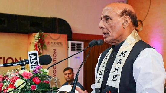 Udupi: Defence Minister Rajnath Singh addresses the convocation ceremony of Manipal Academy of Higher Education, in Udupi, Friday, Nov. 18, 2022. (PTI Photo)(PTI)