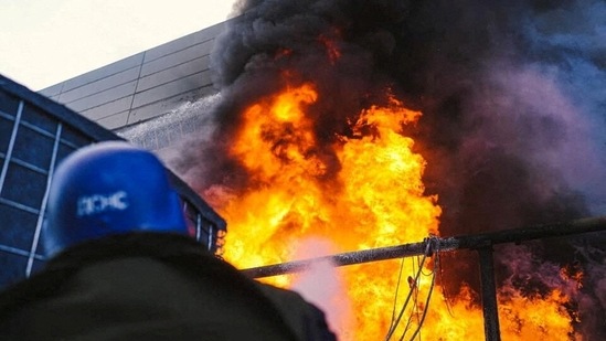 Russia-Ukraine War: Firefighters work to put out a fire in a thermal power plant, damaged by a Russian missile.(Reuters)