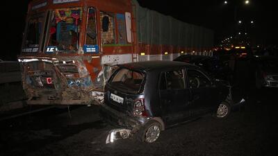 At least 48 vehicles were damaged and more than 20 people suffered injuries in a multi-vehicle accident on Sunday evening on National Highway – 4, near Navale bridge in Pune. (RAVINDRA JOSHI/HT) At least 48 vehicles were damaged and more than 20 people suffered injuries in a multi-vehicle accident on Sunday evening on National Highway – 4, near Navale bridge in Pune. (RAVINDRA JOSHI/HT)