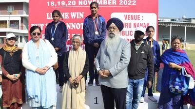 Students being felicitated on the concluding day of Punjab State Special Olympics in Ludhiana. (HT PHOTO)