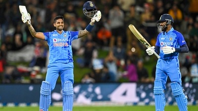 India's Suryakumar Yadav, left, celebrates his century (AP) India's Suryakumar Yadav, left, celebrates his century (AP)