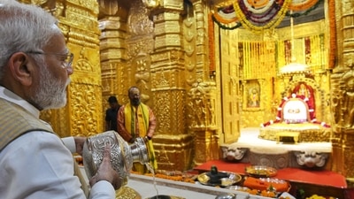 PM Modi offers prayers at the iconic Somnath temple in Gujarat. (BJP/ Twitter) PM Modi offers prayers at the iconic Somnath temple in Gujarat. (BJP/ Twitter)