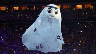 General view of the official mascot La'eeb during the opening ceremony. (REUTERS)