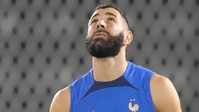 France's Karim Benzema watches the ball during a training session (AP) France's Karim Benzema watches the ball during a training session (AP)
