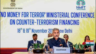 External affairs minister S Jaishankar on Saturday addressed a session on promoting international cooperation against terrorism at the ‘No Money For Terror’ ministerial conference hosted by India. (PTI) External affairs minister S Jaishankar on Saturday addressed a session on promoting international cooperation against terrorism at the ‘No Money For Terror’ ministerial conference hosted by India. (PTI)