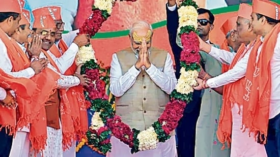 Prime Minister Narendra Modi at Veraval in Gir Somnath on Sunday. (ANI)