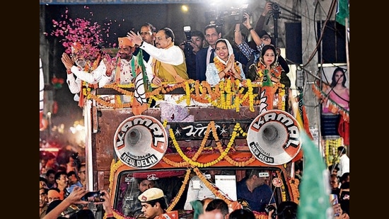 BJP president JP Nadda during a roadshow in Sangam Vihar in New Delhi on Sunday. (ANI) BJP president JP Nadda during a roadshow in Sangam Vihar in New Delhi on Sunday. (ANI)