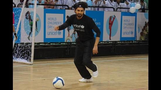 Ayushmann Khurrana during a game of futsal at the event. (Photo: Gokul VS/HT)