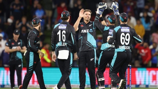 Tim Southee celebrates a hat trick during the second T20I against India at the Bay Oval(AFP)