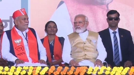 Prime Minister Narendra Modi at a public rally in Amreli, Gujarat.