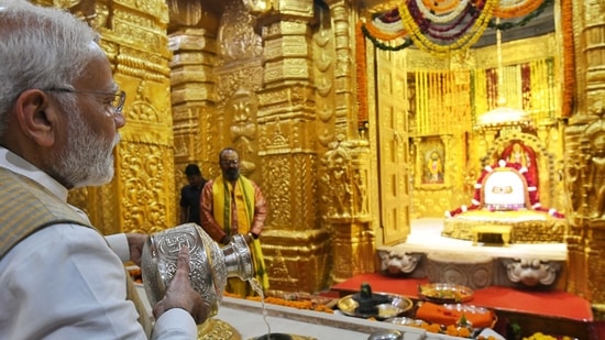 PM Modi offers prayers at the iconic Somnath temple in Gujarat. (BJP/ Twitter) PM Modi offers prayers at the iconic Somnath temple in Gujarat. (BJP/ Twitter)