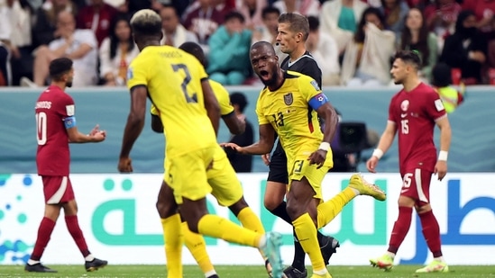 FIFA World Cup 2022: Ecuador's Enner Valencia celebrates scoring their second goal vs Qatar, in Al Khor.(REUTERS)