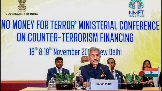 External affairs minister S Jaishankar on Saturday addressed a session on promoting international cooperation against terrorism at the ‘No Money For Terror’ ministerial conference hosted by India. (PTI)