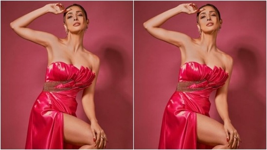 Malaika played muse to fashion designer house Dar Sara and picked a sleek satin gown from the shelves of the designer house.(Instagram/@malaikaaroraofficial)
