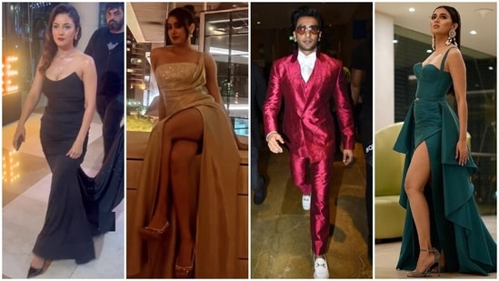 Shehnaaz Gill, Janhvi Kapoor, Ranveer Singh and Tejasswi Prakash at an awards show in Dubai. (HT Photo/Varinder Chawla, Instagram)