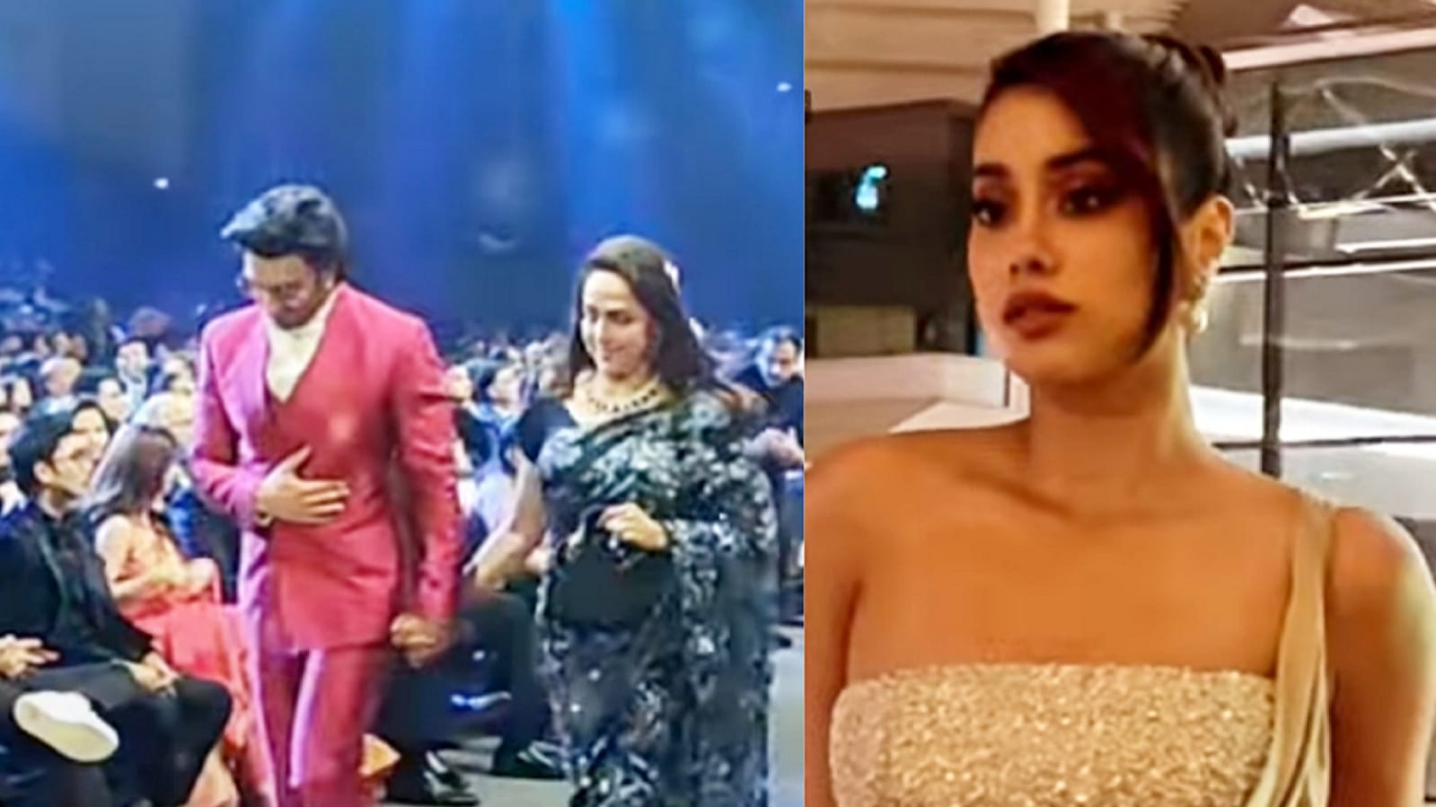 Ranveer Singh, Hema Malini and Janhvi Kapoor at the recent awards event in Dubai. Ranveer Singh, Hema Malini and Janhvi Kapoor at the recent awards event in Dubai.