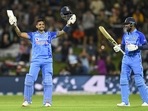 Suryakumar Yadav celebrates his century during the T20 cricket international between India and New Zealand at Bay Oval, Mount Maunganui, New Zealand