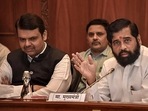 Maharashtra chief minister Eknath Shinde with state Deputy CM Devendra Fadnavis during an all-party meeting, in Mumbai. (PTI) Maharashtra chief minister Eknath Shinde with state Deputy CM Devendra Fadnavis during an all-party meeting, in Mumbai. (PTI)