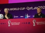 FIFA Chief of Global Football Development Arsene Wenger and Technical Study Group member Jurgen Klinsmann during a press conference.