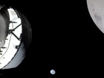 In this picture Orion spacecraft, Earth, Moon is visible from left to right. In this picture Orion spacecraft, Earth, Moon is visible from left to right.