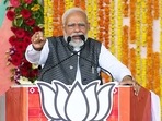Prime Minister Narendra Modi addresses a public meeting for the upcoming Gujarat Assembly elections, at Jambusar, in Bharuch on Monday.(ANI)