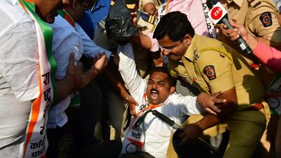 Mumbai, India - November 21, 2022: Police detain Nationalist Congress Party (NCP) workers as they stage a protest against Maharashtra Governor Bhagat Singh Koshyari over his controversial remarks on Chhatrapati Shivaji Maharaj, outside CSMT station, in Mumbai, India, on Monday, November 21, 2022. (Photo by Bhushan Koyande/HT Photo) (HT PHOTO) Mumbai, India - November 21, 2022: Police detain Nationalist Congress Party (NCP) workers as they stage a protest against Maharashtra Governor Bhagat Singh Koshyari over his controversial remarks on Chhatrapati Shivaji Maharaj, outside CSMT station, in Mumbai, India, on Monday, November 21, 2022. (Photo by Bhushan Koyande/HT Photo) (HT PHOTO)