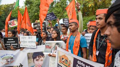 Students from Fergusson College in Pune demand justice in the Shraddha Walkar murder case on November 19. (PTI)