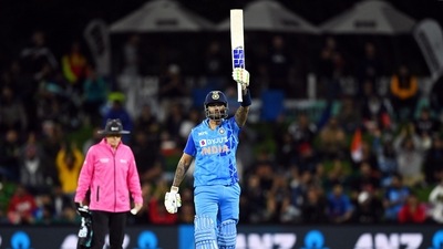 Suryakumar Yadav celebrates his century for Team India. (BCCI Twitter) Suryakumar Yadav celebrates his century for Team India. (BCCI Twitter)