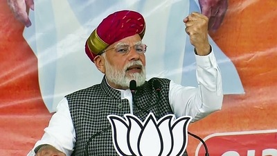 Prime Minister Narendra Modi addressing a public meeting, in Surendranagar on Monday. (ANI) Prime Minister Narendra Modi addressing a public meeting, in Surendranagar on Monday. (ANI)