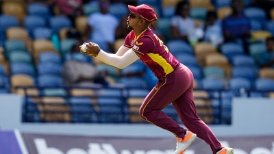 West Indies' captain Nicholas Pooran takes the catch to dismiss New Zealand's Finn Allen (AP)
