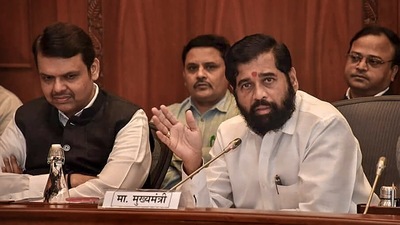 Maharashtra chief minister Eknath Shinde with state Deputy CM Devendra Fadnavis during an all-party meeting, in Mumbai. (PTI) Maharashtra chief minister Eknath Shinde with state Deputy CM Devendra Fadnavis during an all-party meeting, in Mumbai. (PTI)